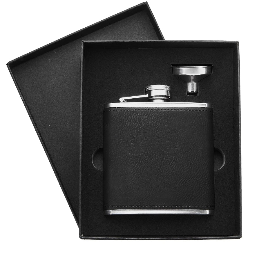 black to silver PU stainless steel hip flask